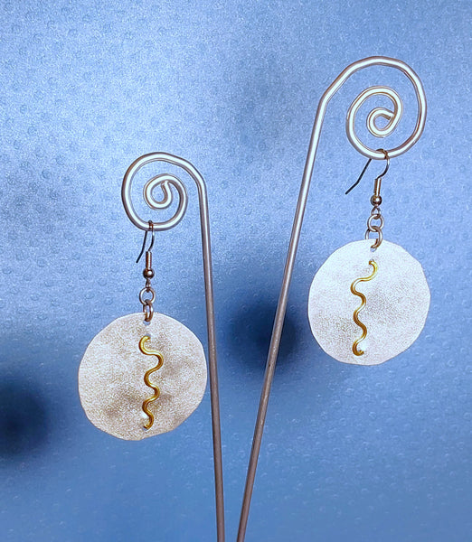 Handcrafted Hammered Aluminum Disc with Gold Tone Squiggle Earrings