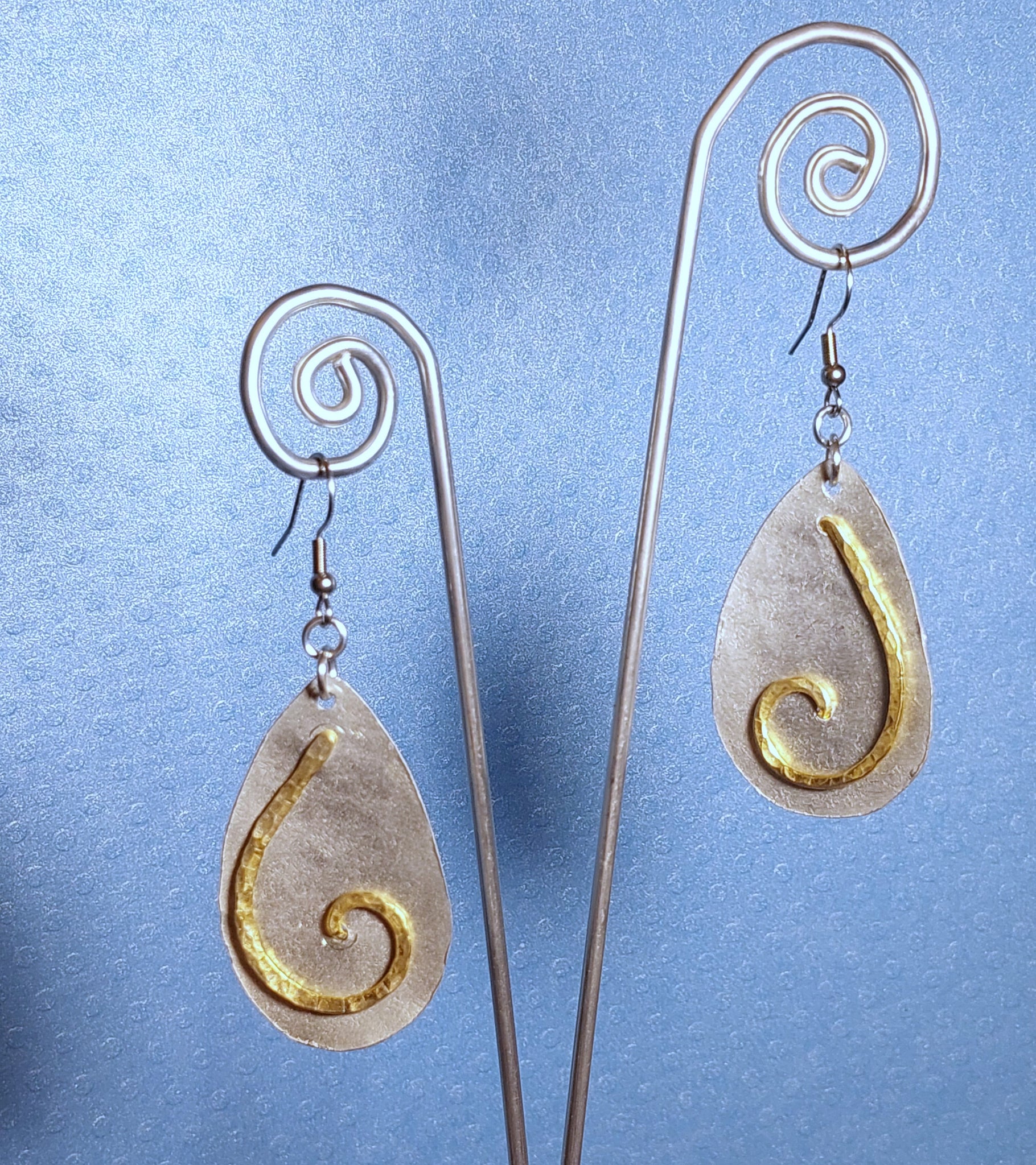 Handcrafted Hammered Aluminum Teardrop with Swirl Earrings