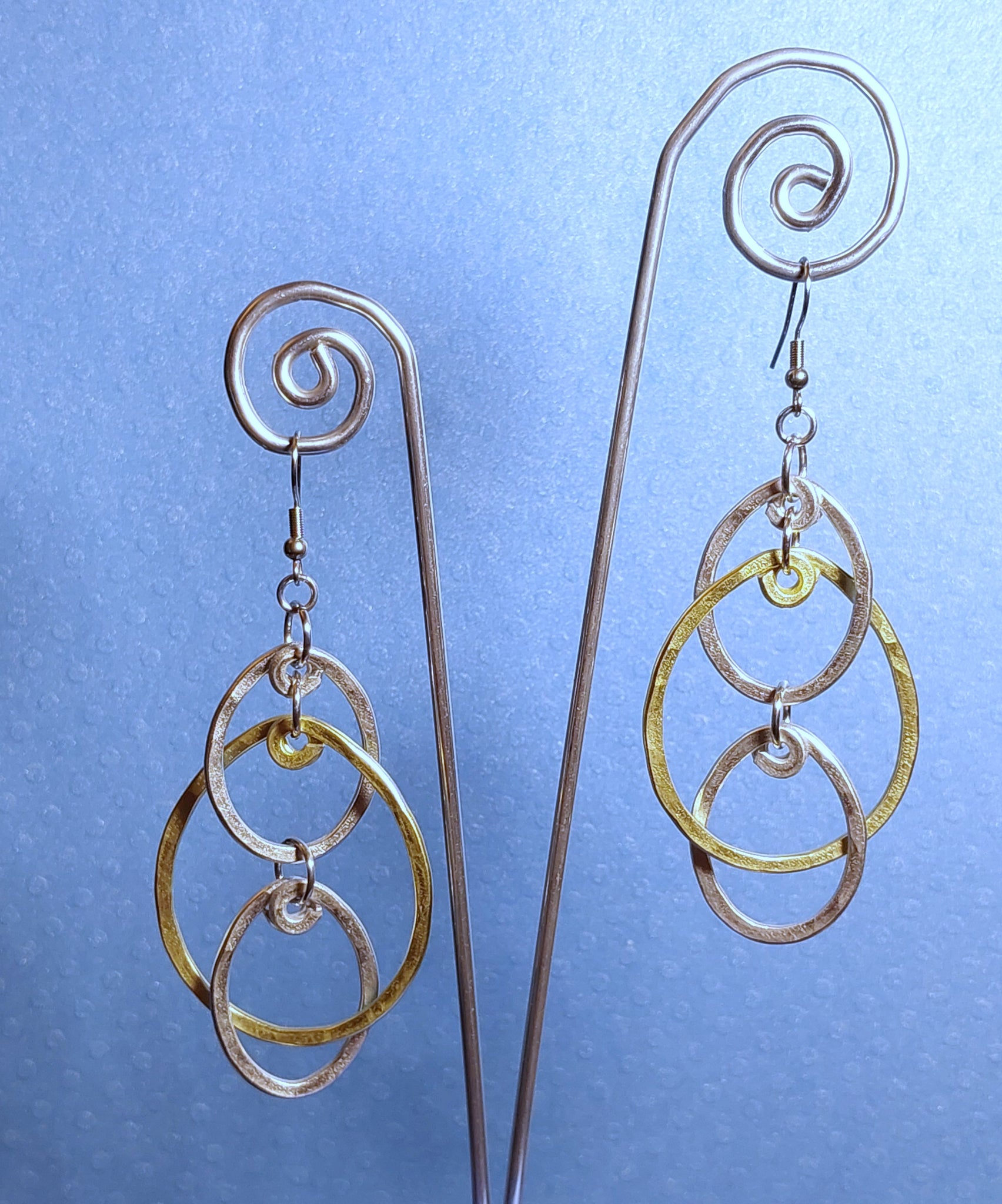 Handcrafted Hammered Two Tone Triple Oval Earrings