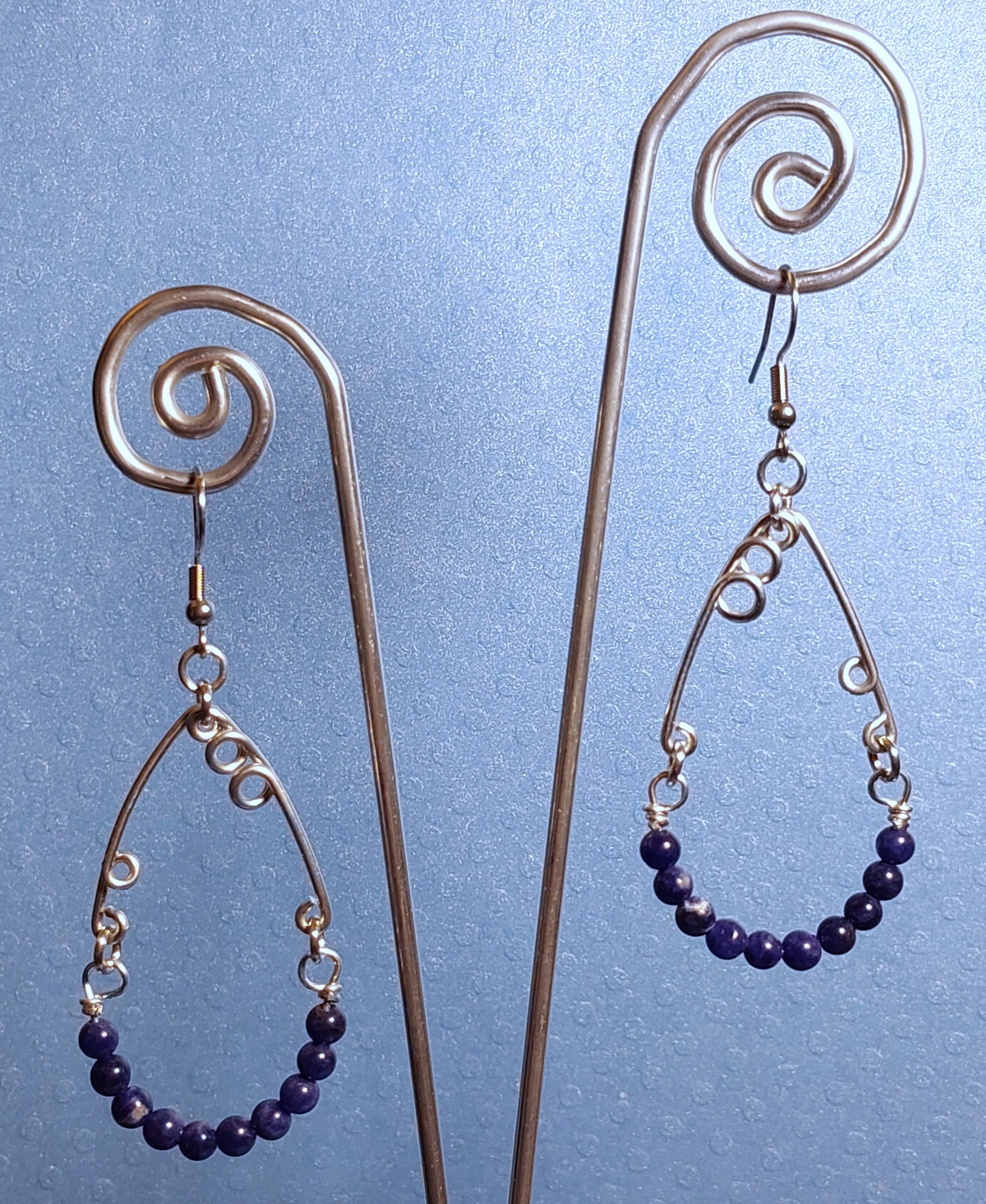 Handcrafted Aluminum Wire Earrings with Lapis Beads