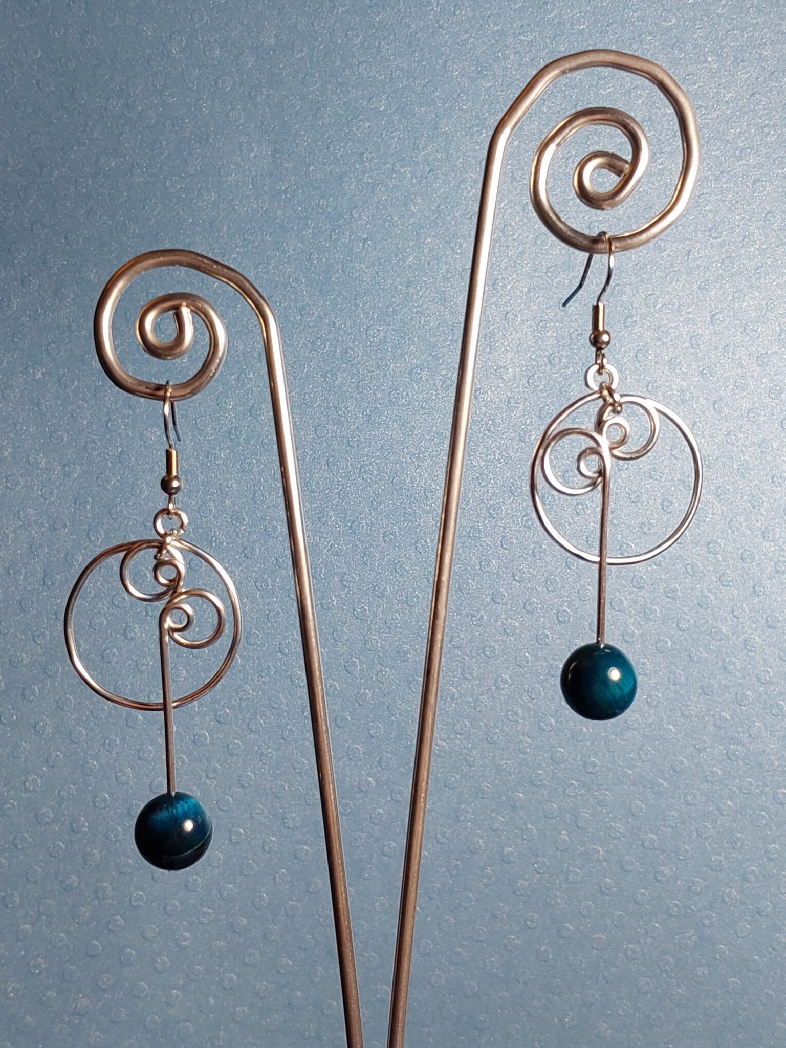 Handcrafted Aluminum Wire Earrings with Blue Tigers Eye Beads