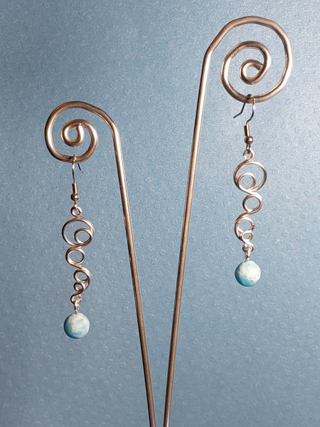 Handcrafted Aluminum Wire Earrings with Blue Stone Bead