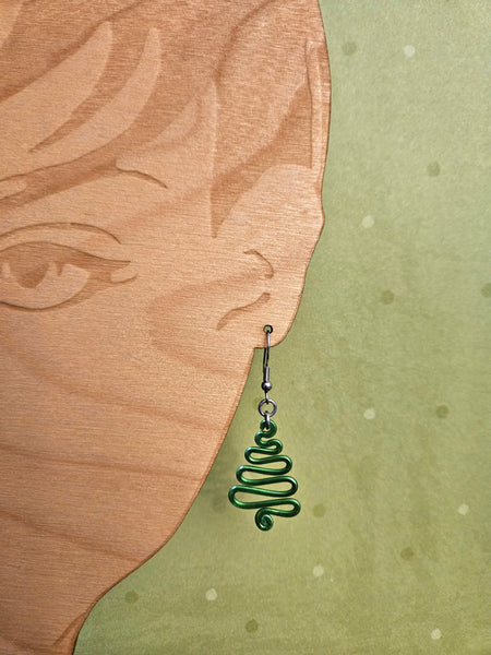 Handcrafted Holiday Earrings- Small Hammered Green Swirl Tree on Surgical Steel Ear Wires