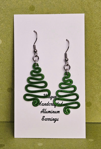 Handcrafted Holiday Earrings- Small Hammered Green Swirl Tree on Surgical Steel Ear Wires