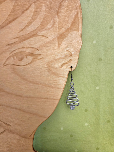 Handcrafted Holiday Earrings- Small Hammered Aluminum Swirl Tree on Surgical Steel Ear Wires