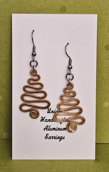 Handcrafted Holiday Earrings- Small Hammered Gold Swirl Tree on Surgical Steel Ear Wires