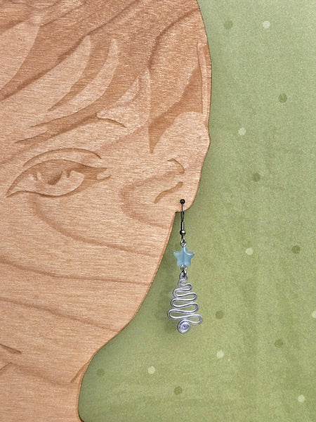 Handcrafted Holiday Earrings- Hammered Aluminum Swirl Tree with Blue Star on Surgical Steel Ear Wires