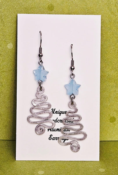 Handcrafted Holiday Earrings- Hammered Aluminum Swirl Tree with Blue Star on Surgical Steel Ear Wires
