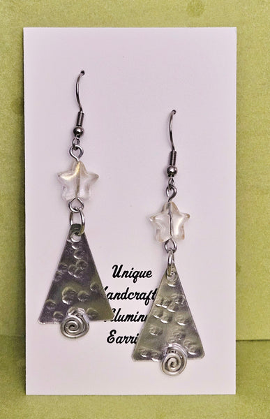 Handcrafted Holiday Earrings- Hammered Aluminum Tree with clear Gold Star on Surgical Steel Ear Wires