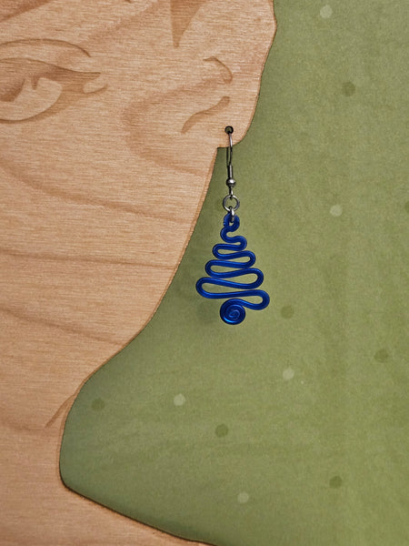 Handcrafted Holiday Earrings - Blue Hammered Aluminum Swirl Tree on Surgical Steel Ear Wires