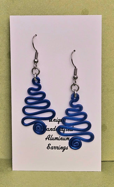 Handcrafted Holiday Earrings - Blue Hammered Aluminum Swirl Tree on Surgical Steel Ear Wires