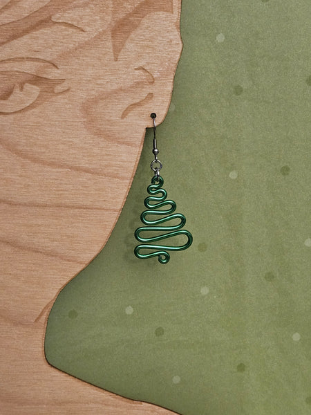 Handcrafted Holiday Earrings- Green Aluminum Swirl Tree on Surgical Steel Ear Wires