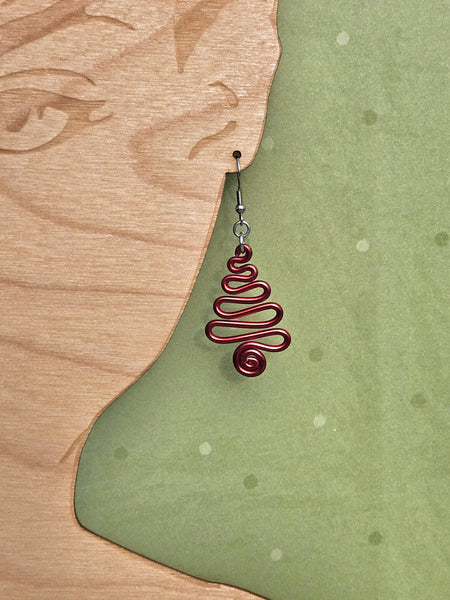 Handcrafted Holiday Earrings- Red and Green Aluminum Swirl Tree on Surgical Steel Ear Wires