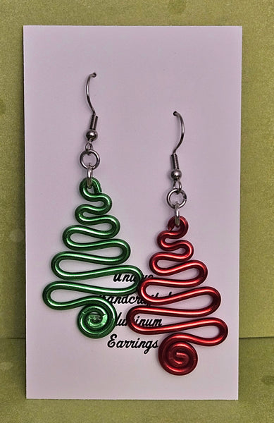 Handcrafted Holiday Earrings- Red and Green Aluminum Swirl Tree on Surgical Steel Ear Wires