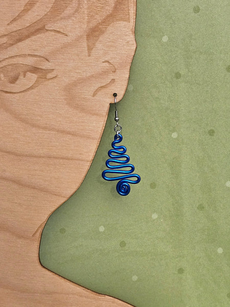 Handcrafted Holiday Earrings - Blue Aluminum Swirl Tree on Surgical Steel Ear Wires