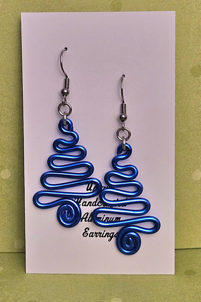 Handcrafted Holiday Earrings - Blue Aluminum Swirl Tree on Surgical Steel Ear Wires