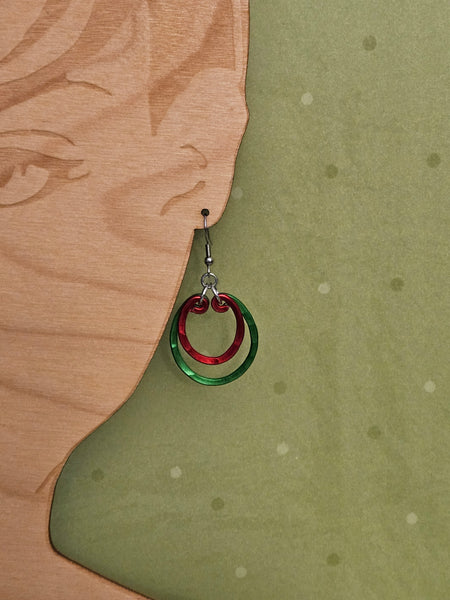 Handcrafted Holiday Earrings- Hammered Red and Green Aluminum Ovals on Surgical Steel Ear Wires