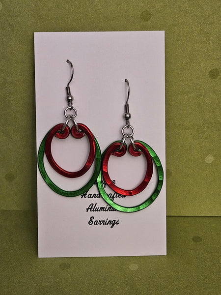Handcrafted Holiday Earrings- Hammered Red and Green Aluminum Ovals on Surgical Steel Ear Wires