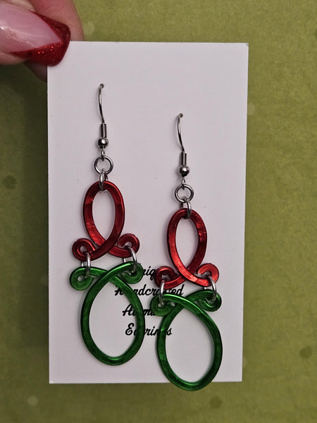 Handcrafted Holiday Earrings- Hammered Red and Green Aluminum on Surgical Steel Ear Wires