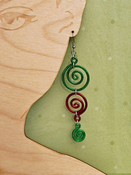 Handcrafted Holiday Earrings- Extra Large Red and Green Aluminum Swirls on Surgical Steel Ear Wires