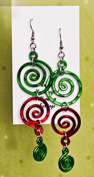 Handcrafted Holiday Earrings- Extra Large Red and Green Aluminum Swirls on Surgical Steel Ear Wires