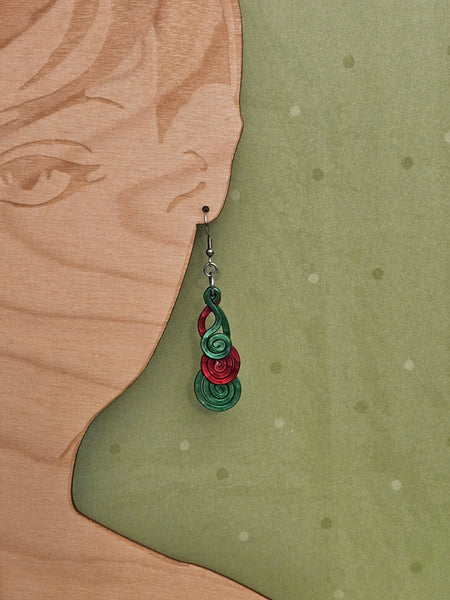 Handcrafted Holiday Earrings- Hammered Red and Green Aluminum Swirls on Surgical Steel Ear Wires