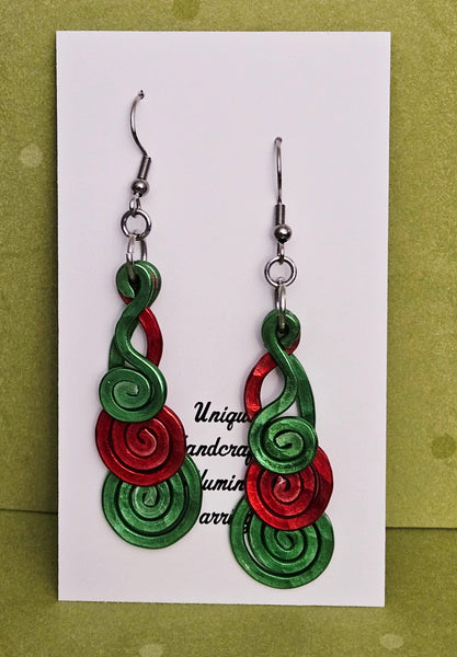 Handcrafted Holiday Earrings- Hammered Red and Green Aluminum Swirls on Surgical Steel Ear Wires