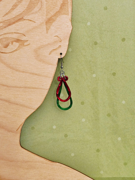 Handcrafted Holiday Earrings- Hammered Red & Green Aluminum Teardrops on Surgical Steel Ear Wires