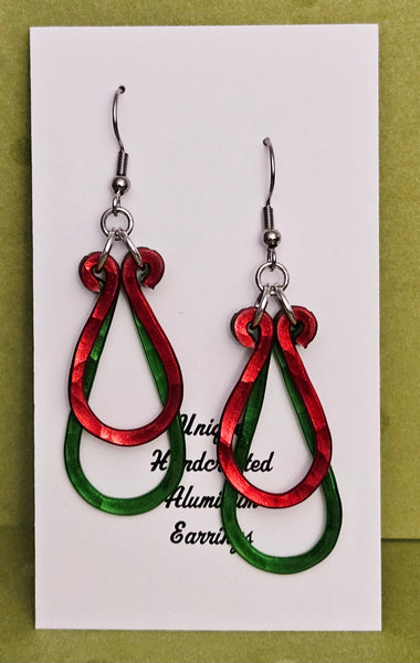 Handcrafted Holiday Earrings- Hammered Red & Green Aluminum Teardrops on Surgical Steel Ear Wires