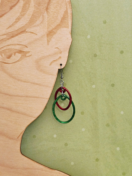 Handcrafted Holiday Earrings - Hammered Red & Green Aluminum on Surgical Steel Ear Wires