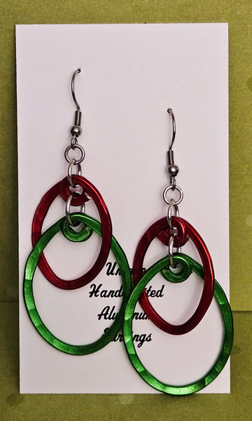 Handcrafted Holiday Earrings - Hammered Red & Green Aluminum on Surgical Steel Ear Wires
