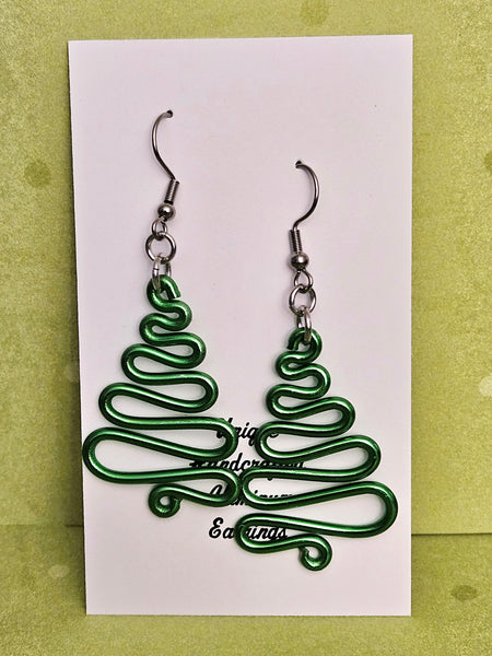 Handcrafted Holiday Earrings- Green Aluminum Swirl Tree on Surgical Steel Ear Wires