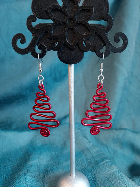 Handmade Red Aluminum Holiday Tree Earrings on Surgical Steel Ear wires
