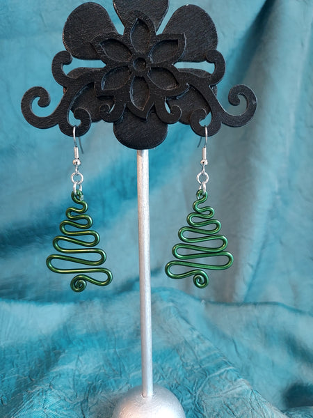 Handmade Green Aluminum Holiday Tree Earrings on Surgical Steel Ear wires